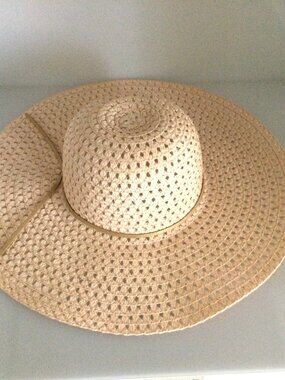 Salmon Pink Open Weave Floppy Straw-hat Gold Tie  17” diameter